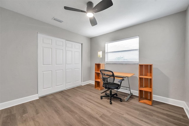 office area featuring ceiling fan and hardwood / wood-style floors