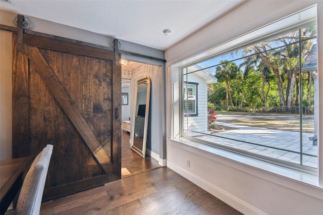 interior space featuring a barn door and dark wood-type flooring