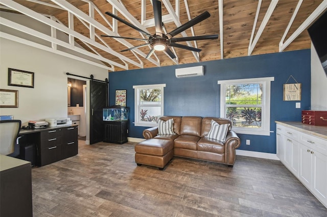 living room featuring beamed ceiling, a barn door, dark hardwood / wood-style floors, and wood ceiling