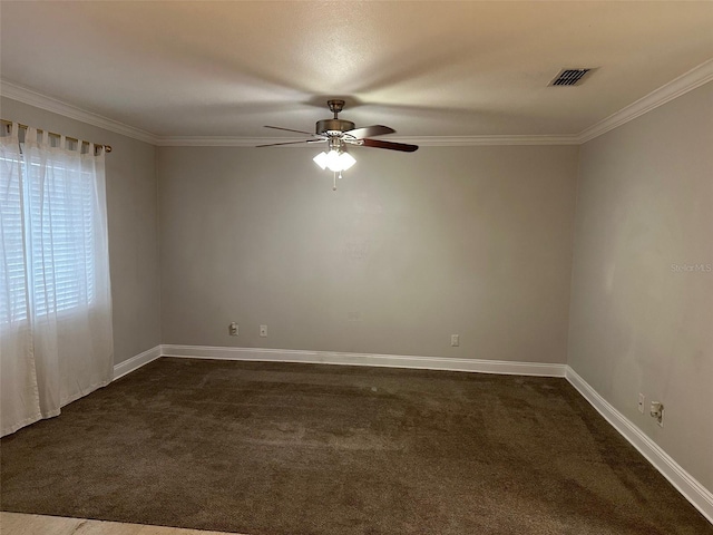 unfurnished room featuring crown molding, ceiling fan, and dark carpet