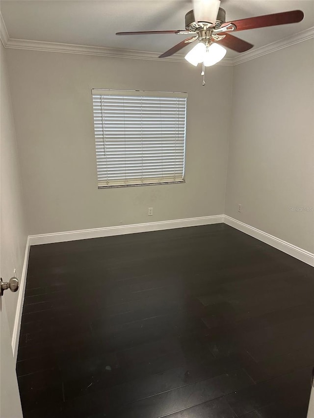 unfurnished room with crown molding, wood-type flooring, and ceiling fan