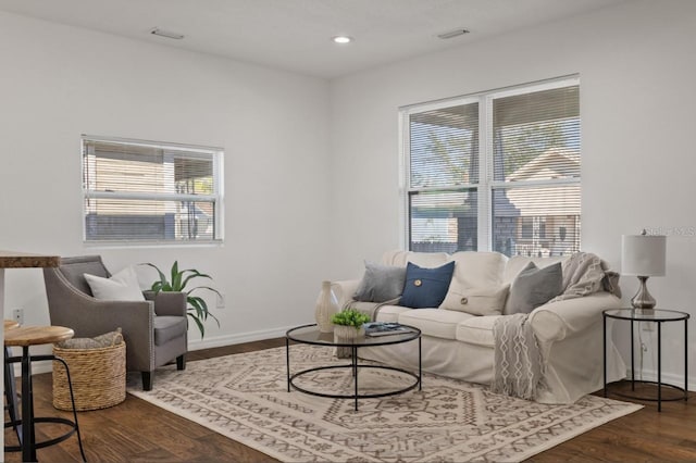 living room featuring dark wood-type flooring