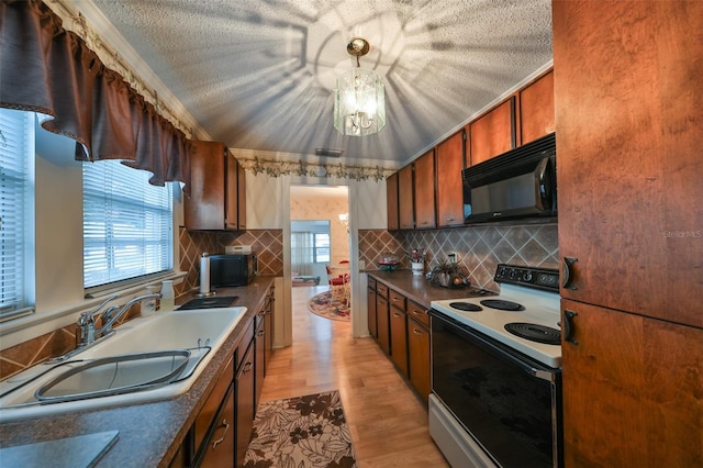 kitchen with white electric stove, sink, backsplash, ornamental molding, and light hardwood / wood-style flooring