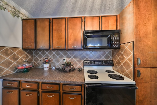 kitchen with electric range oven, decorative backsplash, ornamental molding, and a textured ceiling