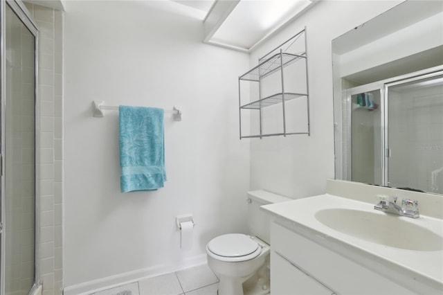 bathroom featuring tile patterned flooring, walk in shower, vanity, and toilet