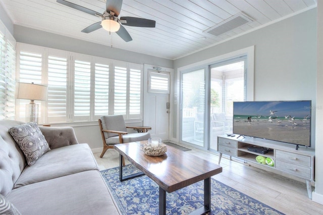 living room with wooden ceiling, ceiling fan, ornamental molding, and light hardwood / wood-style flooring