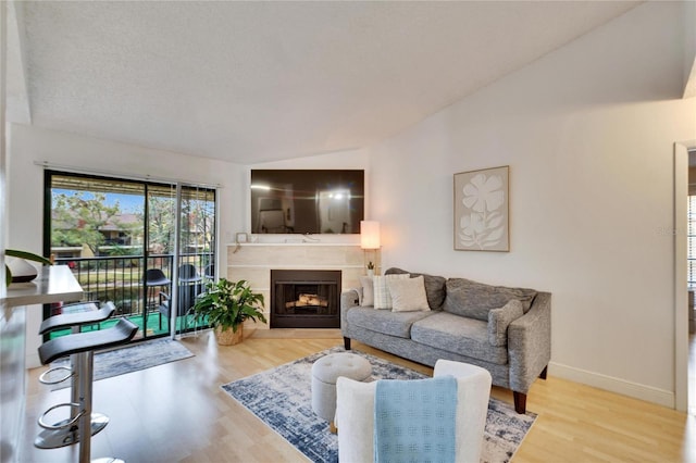 living room featuring lofted ceiling and hardwood / wood-style floors