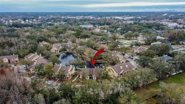 drone / aerial view featuring a water view