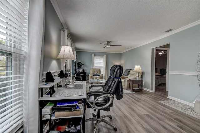 office with ceiling fan, plenty of natural light, light hardwood / wood-style flooring, and crown molding