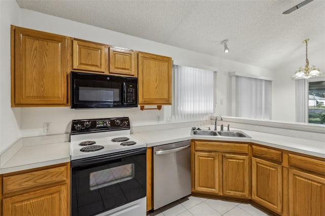 kitchen featuring sink, decorative light fixtures, a textured ceiling, dishwasher, and range with electric cooktop