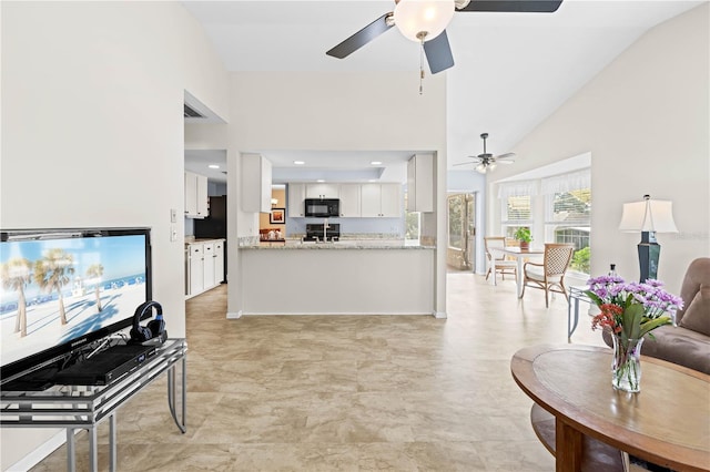 living room with lofted ceiling and ceiling fan