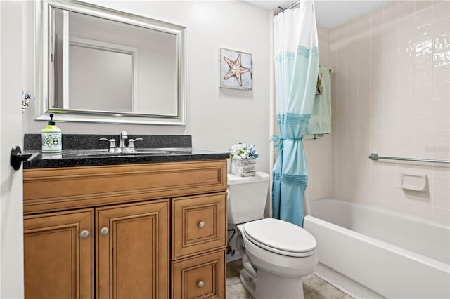 full bathroom featuring vanity, shower / tub combo with curtain, and toilet