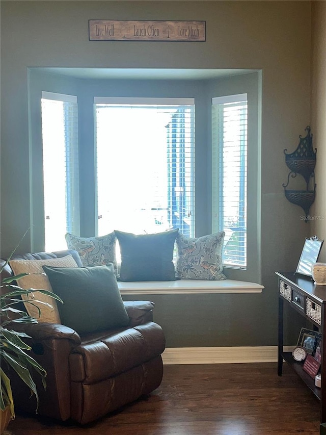 living area with dark wood-type flooring and a healthy amount of sunlight