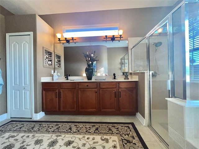 bathroom with tile patterned flooring, vanity, and a shower with door