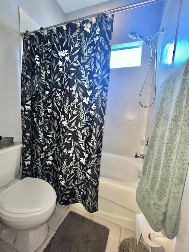 bathroom with shower / bath combination with curtain, toilet, and tile patterned flooring