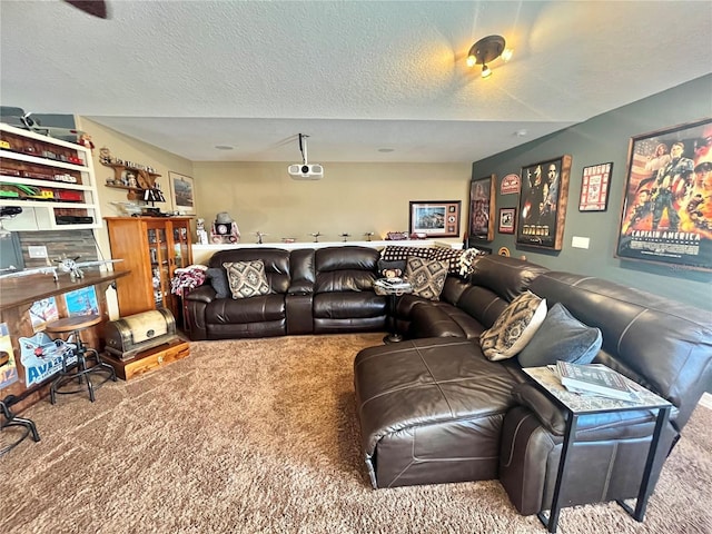 carpeted living room with a textured ceiling