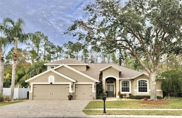 view of front of property featuring a garage and a front lawn