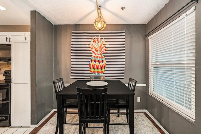 dining space featuring light hardwood / wood-style floors and a textured ceiling