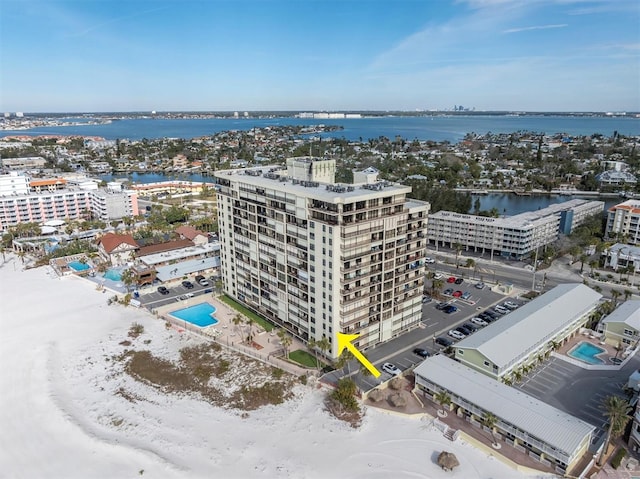 drone / aerial view featuring a water view