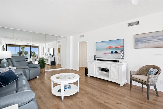 living room featuring wood-type flooring and a textured ceiling