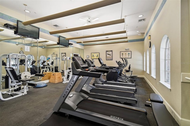 exercise room featuring ceiling fan