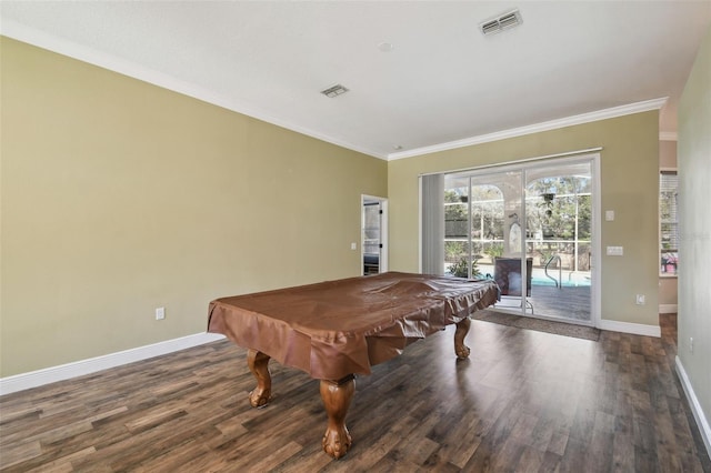 recreation room featuring crown molding, dark wood-type flooring, and pool table