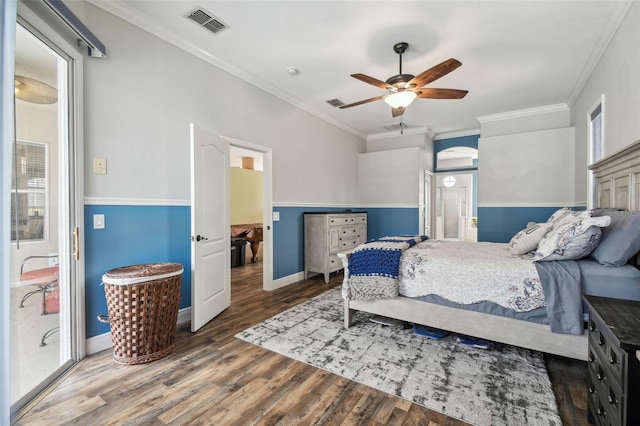 bedroom featuring ceiling fan, crown molding, and wood-type flooring