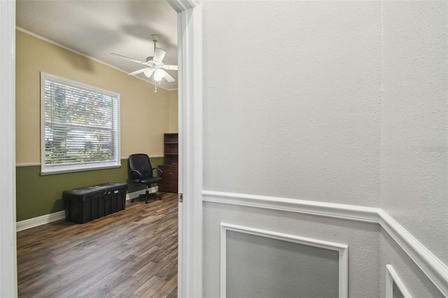 office area featuring ceiling fan, dark wood-type flooring, and crown molding