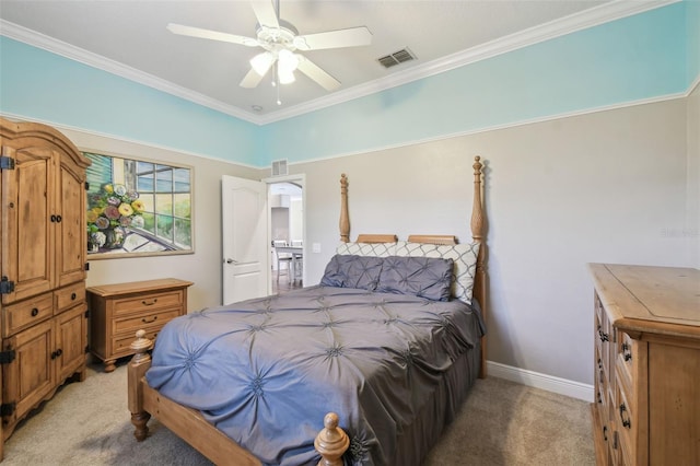 bedroom with ceiling fan, light carpet, and crown molding