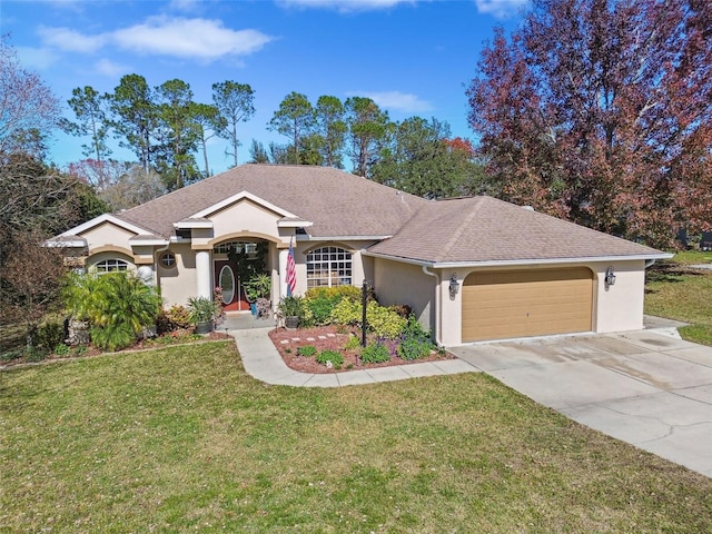 ranch-style home featuring a garage and a front lawn