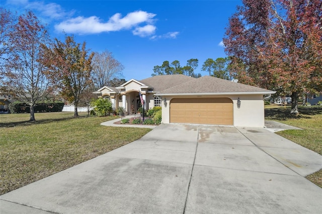 ranch-style house with a garage and a front yard