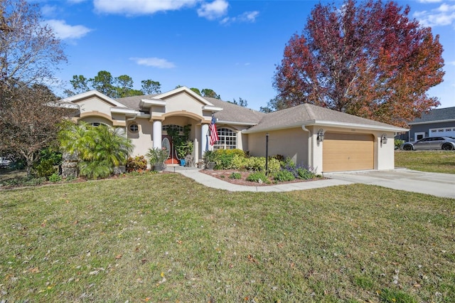 single story home featuring a front lawn and a garage