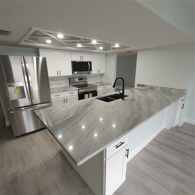 kitchen featuring white cabinetry, sink, kitchen peninsula, stainless steel appliances, and light stone countertops