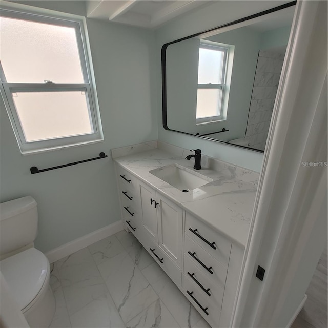 bathroom with plenty of natural light, toilet, and vanity