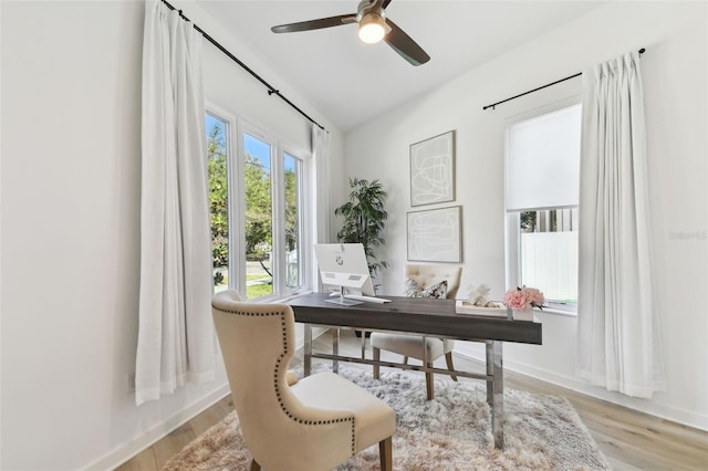 office space featuring ceiling fan and light wood-type flooring