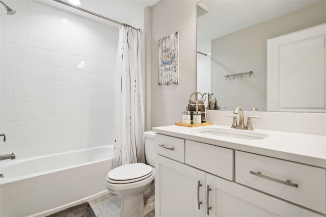 full bathroom with toilet, vanity, and shower / bathtub combination with curtain