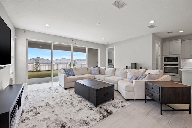 living room with a textured ceiling