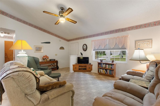 living room with vaulted ceiling and ceiling fan