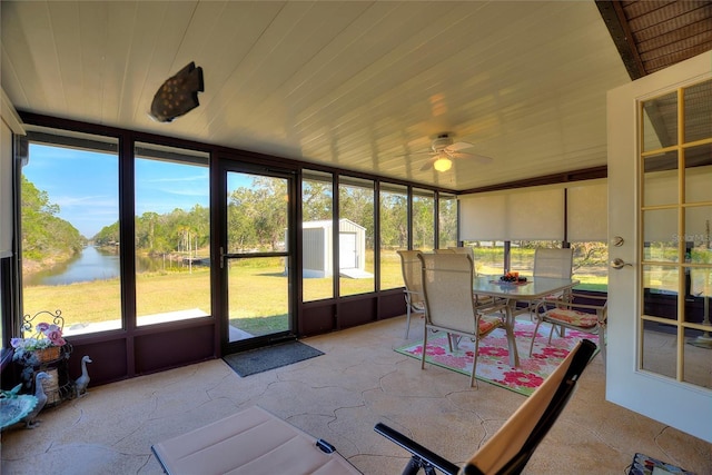 sunroom / solarium with wood ceiling, ceiling fan, and a water view