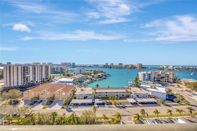 birds eye view of property featuring a water view