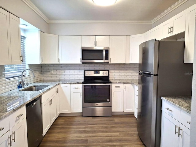 kitchen featuring stainless steel appliances, sink, white cabinets, and decorative backsplash