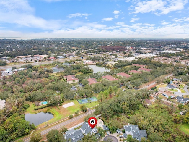 aerial view featuring a water view