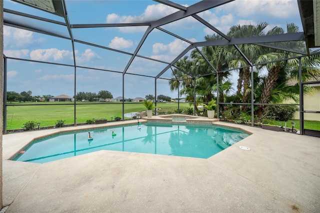 view of swimming pool with an in ground hot tub, a lanai, a lawn, and a patio