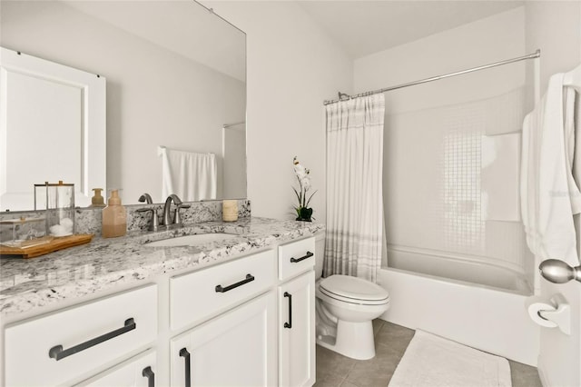 full bathroom featuring tile patterned flooring, toilet, vanity, and shower / tub combo with curtain