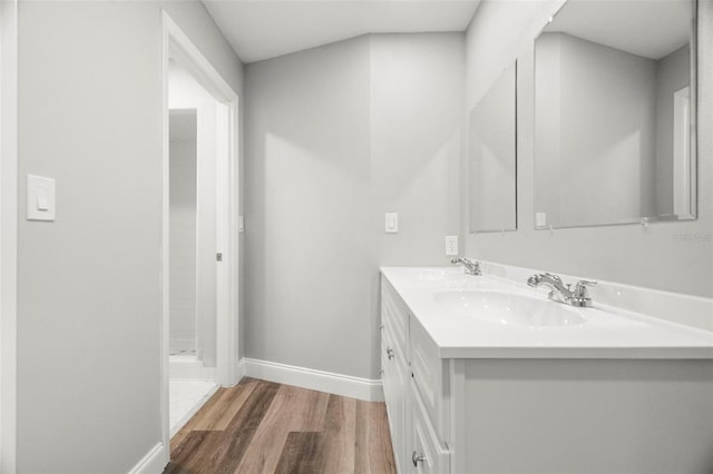 bathroom with vanity, hardwood / wood-style floors, and walk in shower