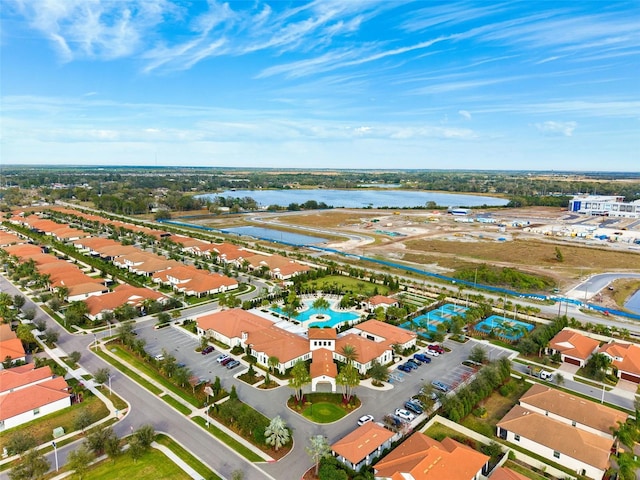 drone / aerial view featuring a water view