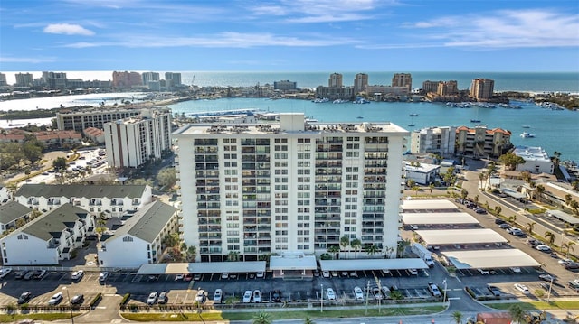 aerial view with a water view and a view of city