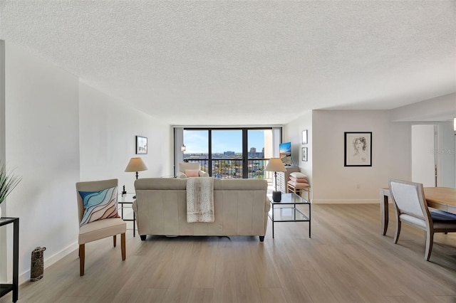 living area with a textured ceiling, light wood finished floors, a wall of windows, and baseboards