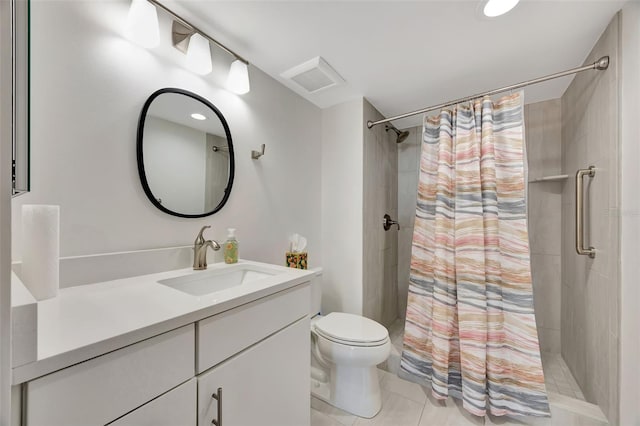 full bath featuring a stall shower, visible vents, vanity, and toilet