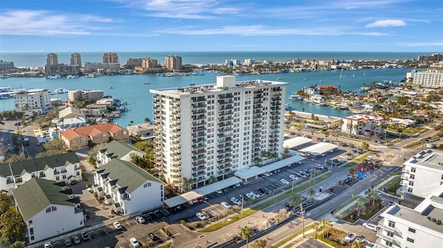 aerial view featuring a water view and a city view